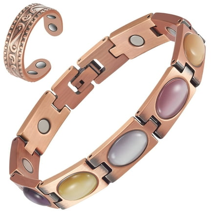 Wollet Copper Magnetic Bracelets Set for Women,Cateye Bracelet,Copper Ring Jewelry Gift