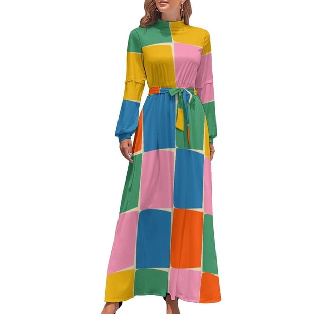 Vestido largo de verano con estampado de cuadrícula de colores vivos y cuadros modernos de Flux, vestido diario