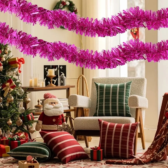 Nkmbld Christmas Tinsel Garland Xmas Tree Decorations Metallic Ribbon Twist Garland Ceiling Hanging Decorations for New Year Party Holiday Decor, Pink