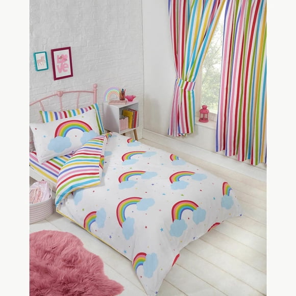 Juego de edredón / funda de edredón infantil a rayas arco iris con nubes para niños pequeños