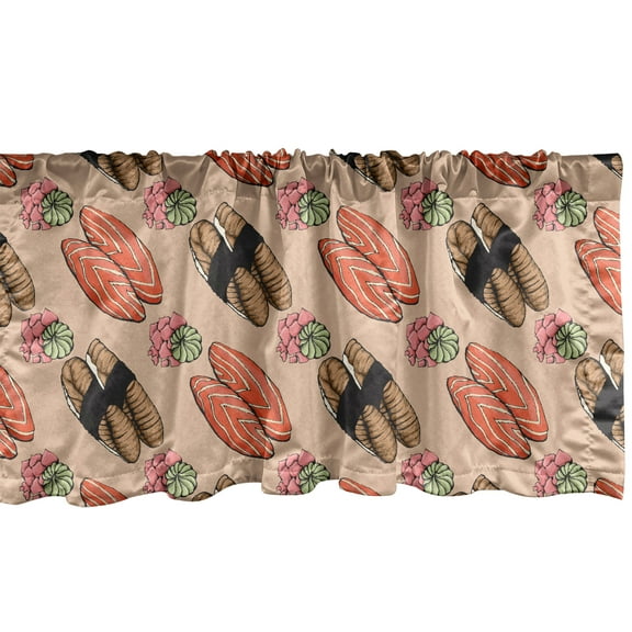 Sushi Window Valance Pack of 2, Rhythmic Sushi Rolls and Sashimi Japanese Food, Rod Pocket Curtain Valances for Kitchen Bedroom, 54" X 12", Peach Pastel Pink, by Ambesonne