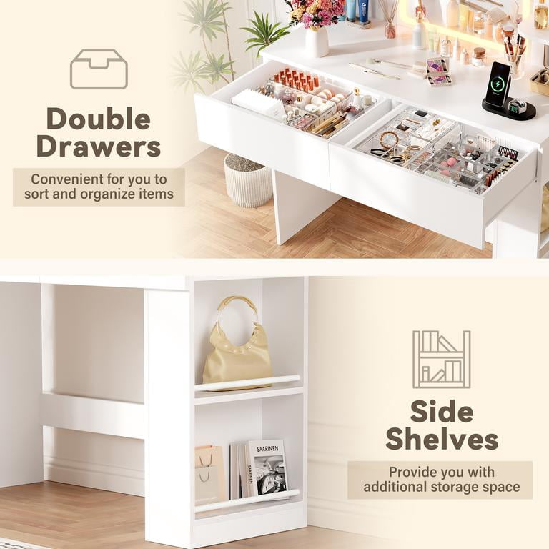 Lacoo Makeup Vanity Set with Lighted Mirror & Storage Stool, 3 Color Dimmable LED Dressing Table with Drawers & Shelves for Bedroom, White