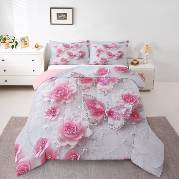 jejeloiu Glitter Butterflies Print Bedding Comforter Set,Pink Floral Flower Twin Comforter Sets,Romance Theme Bedding Set For Children,Microfiber Bedroom Decor Reversible,2pcs