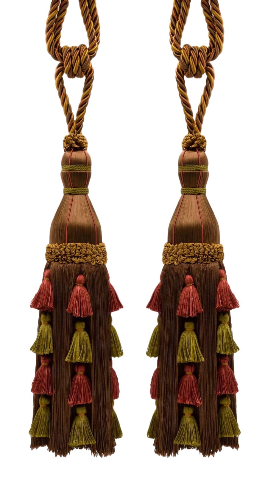 Pair of Elegant Brown, Red, Dark Brown Large Curtain & Drapery Tassel