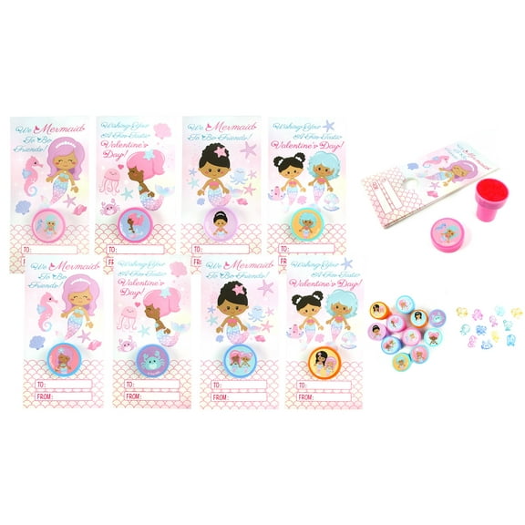 Tiny Mills 36 Pack Rainbow Mermaid Cards with Stampers for Valentine's Day, Classroom Exchange, Birthday Party Favors