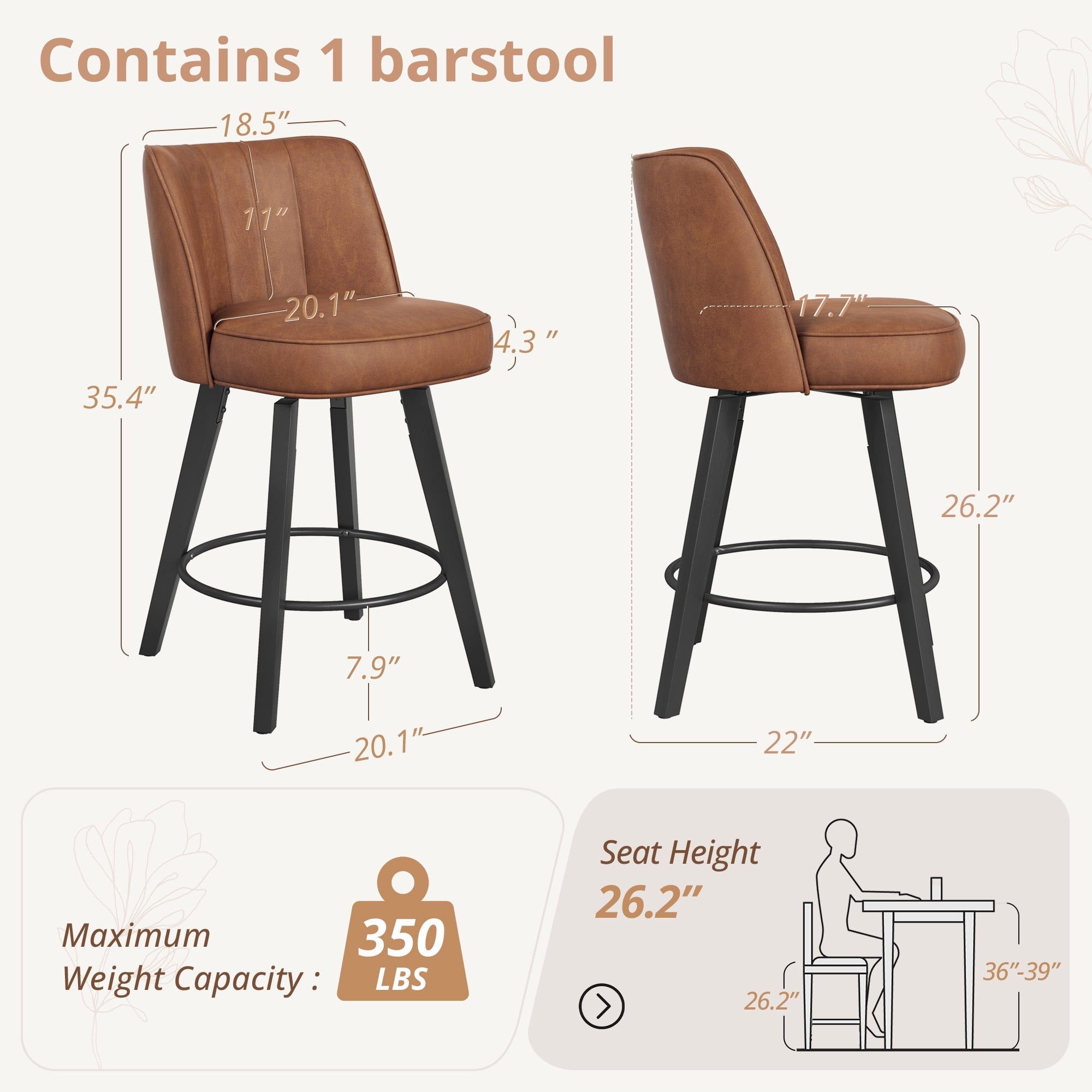 Dycanpo 26" Counter Height Bar Stools with Back, Swivel Leather Barstool Upholstery for Kitchen, Brown