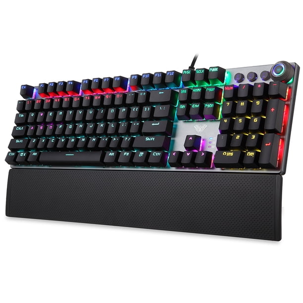 Teclado AULA F2088 104 Teclas Teclado mecánico para juegos con cable Efecto de luz mixta Panel de metal Diseño ergonómico con muñequera (interruptores azules) AULA Teclado