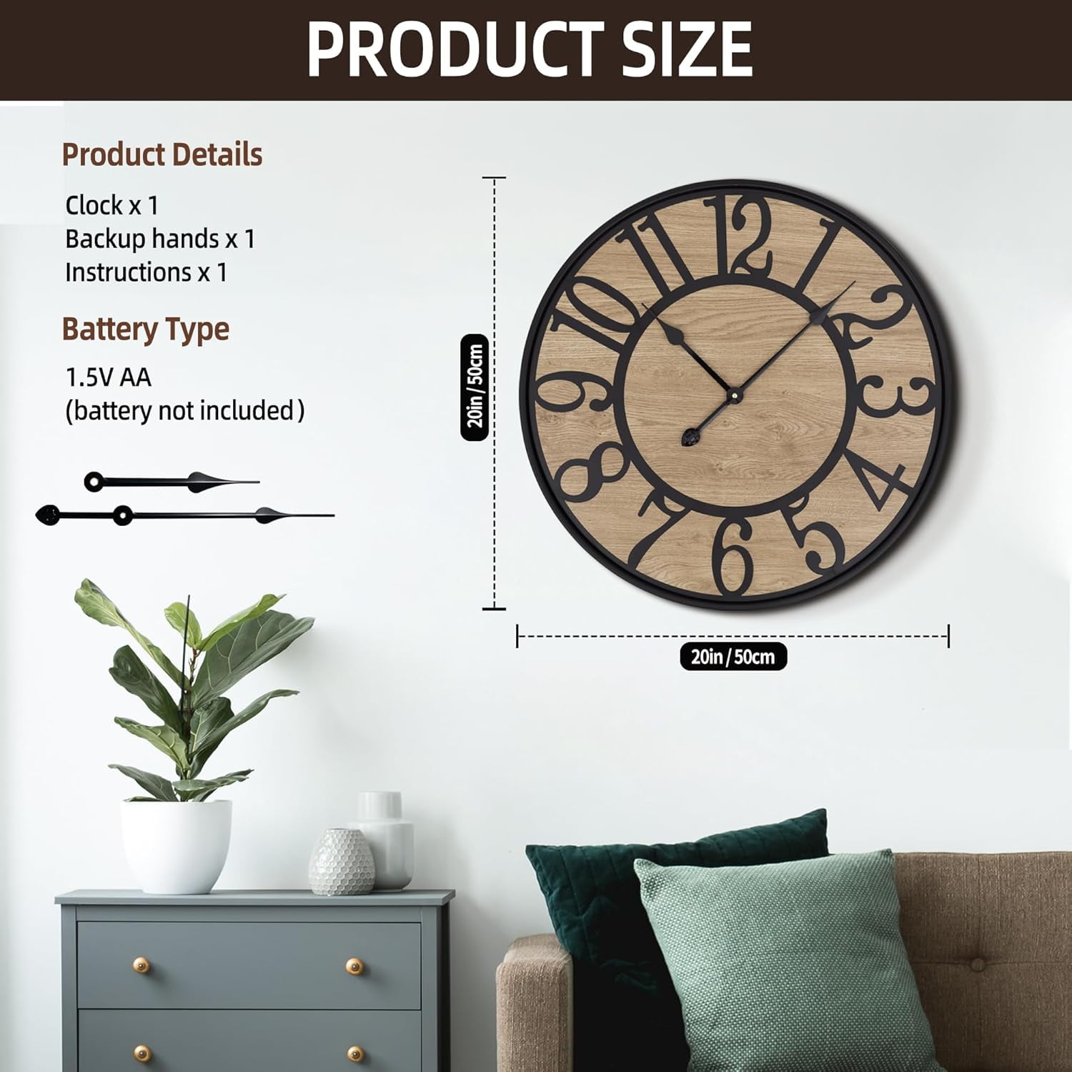 PrimeCook Shop Large Wall Clock for Living Room,Metal & Wood Silent Rustic Farmhouse Wall Clock with Arabic Numeral, Battery Operated Decorative for Bedroom Office Home Decor 20inch Black