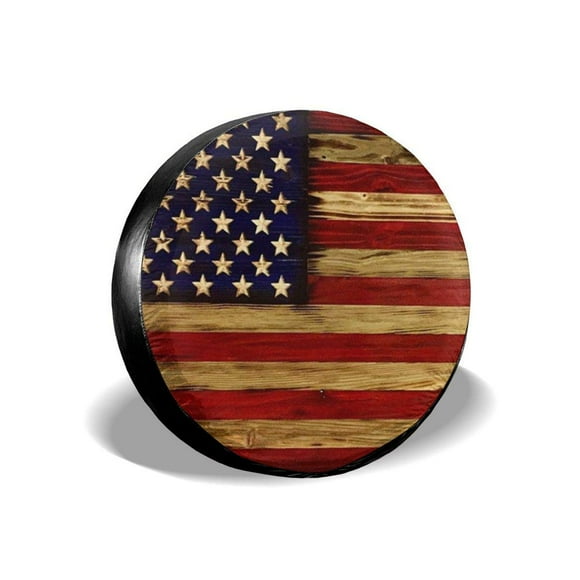 Housse de Pneu Drapeau Américain Bois Récupéré Polyester Portable Housse de Roue de Rechange Universelle pour Remorque Rv Suv Camion Accessoires de Remorque de Voyage 15 Pouces