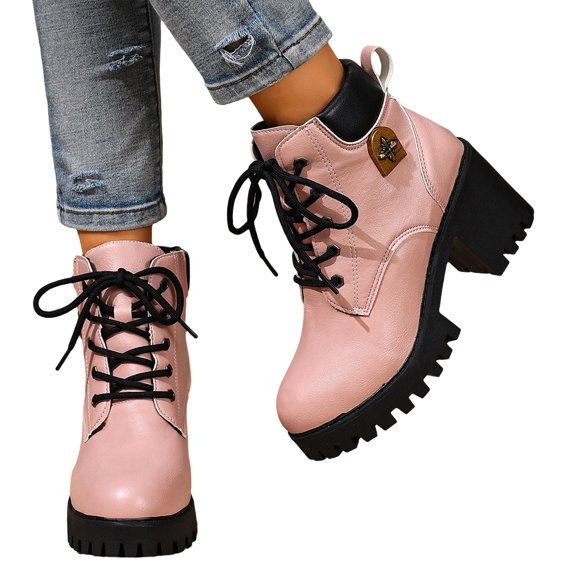 EKVAHL Women's Lace‑Up Combat Boots, Faux Synthetic Platform Booties, Chunky Block Heel Ankle Boots for Outdoor Street Wear Pink