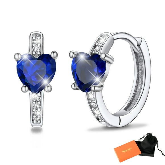 Pendientes de aro de plata de ley con piedras natales Silvora para mujer. Diamantes creados. Delicada joya de regalo para cumpleaños o Navidad