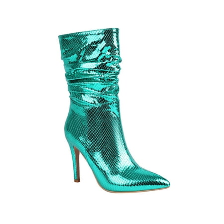 

hopeusnice Women s Snake Print Pointed Toe Stilettos Heel Ankle Boots Mid Calf Pull on Green Shiny Faux Leather Party Boots Blue 44