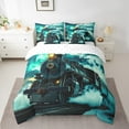 thumbnail image 2 of Retro Steam Engine Bed In A Bag Train Railway Track 7 Pieces Queen Comforter Set,Vintage Car Bedding Set Vehicles Moon Turquoise Comforter Bedroom Decor,Soft, 2 of 5