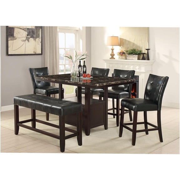 JERFIT 6-Piece Counter Height Dining Set with Storage, Faux Marble Tabletop, Faux Leather Upholstered Chairs and Bench, Black and Brown Modern Kitchen Dining Room Table