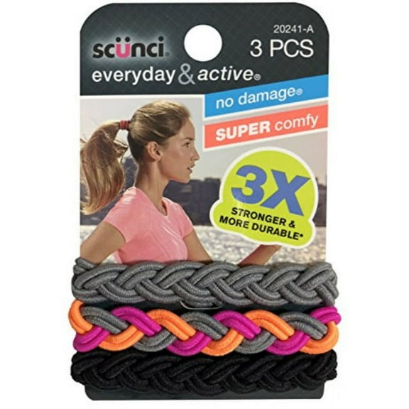 Scunci Everyday and Active 3 Strand Braided Elastics No Damage Super Comfy 3X Stronger Assorted Colors 3 PCS