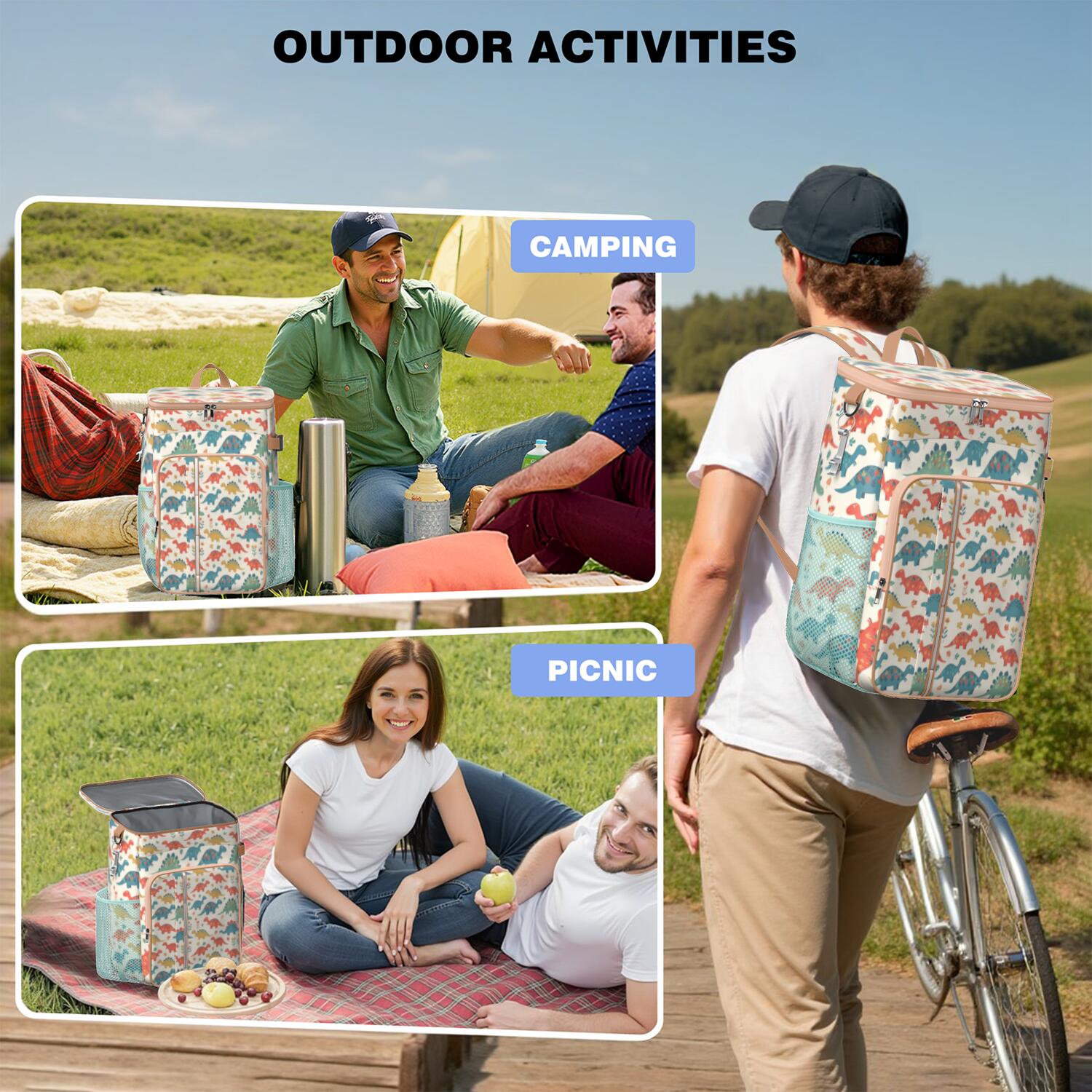 Travel Cooler Bag - Beige Cartoon Dinosaurs Flowers Pattern Camping Beer Cooler Backpack with Bottle Opener- Waterproof Insulated Picnic Backpacks - Cooler Bag for Beach