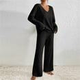 thumbnail image 4 of 2 Piece Outfits for Women Long Sleeve Knit Sweater Top and Wide Leg Pants Ribbed Lounge Matching Set Fall Winter Black L, 4 of 7