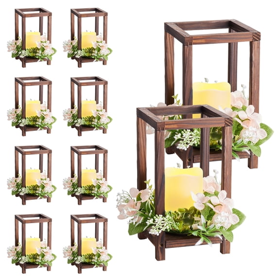 KFFKFF 10 Sets/30 Pieces Wooden Lantern Centerpiece, Includes 10 Wooden Lantern Candle Holders, 10 Flameless LED Candles, and 10 Champagne Flower Wreaths for Wedding, Party