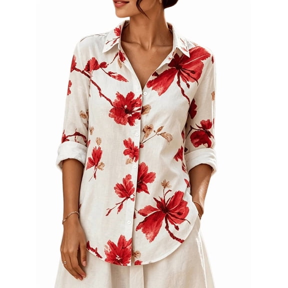 Button Down Shirts for Women Floral Printed Long Sleeve Blouse Business Casual Work Tops Red S