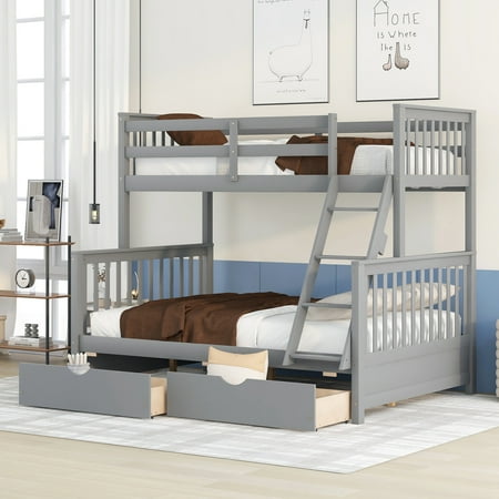 Twin Over Full Bunk Bed with Storage Drawers  Solid Wood Bunk Bed Frame with Ladders & Full-length Guardrails  Can be Divided into 2 Beds  for Boys Grils Teens Bedroom  No Box Spring Needed  Grey