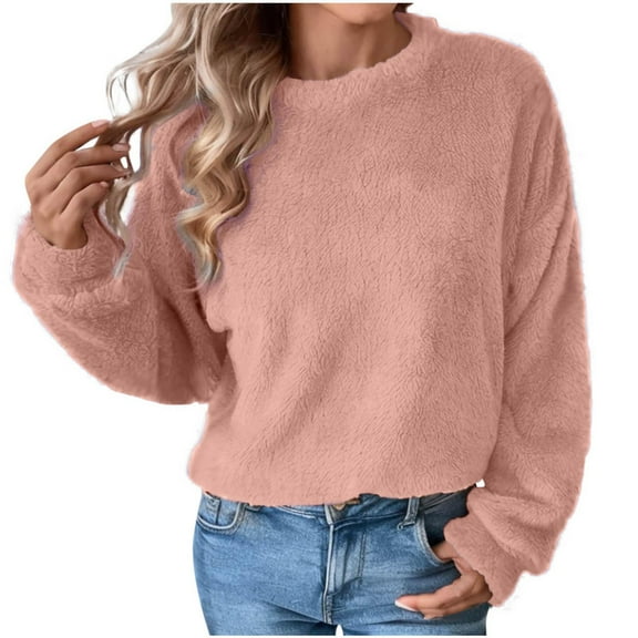 Kaemgyyd Sherpa Sweatshirt for Women Fuzzy Fleece Lined Long Sleeve Warm Pullover Solid Crew Neck Tops Winter Fashion Clothes