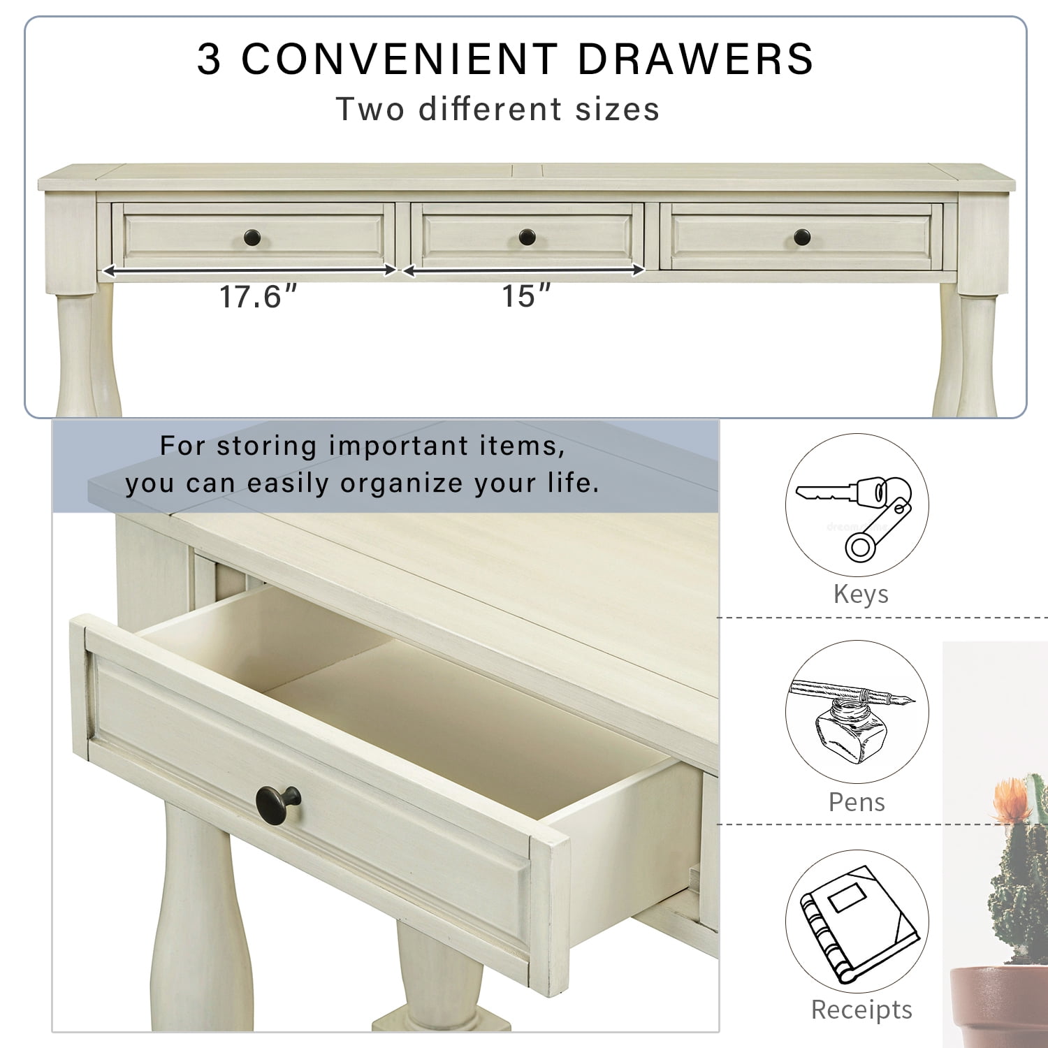 EUROCO 63" Console Table Sofa Table, Solid Wood Console Table with 3 Drawers and Bottom Shelf for for Entryway, Hallway, Living Room, Antique White
