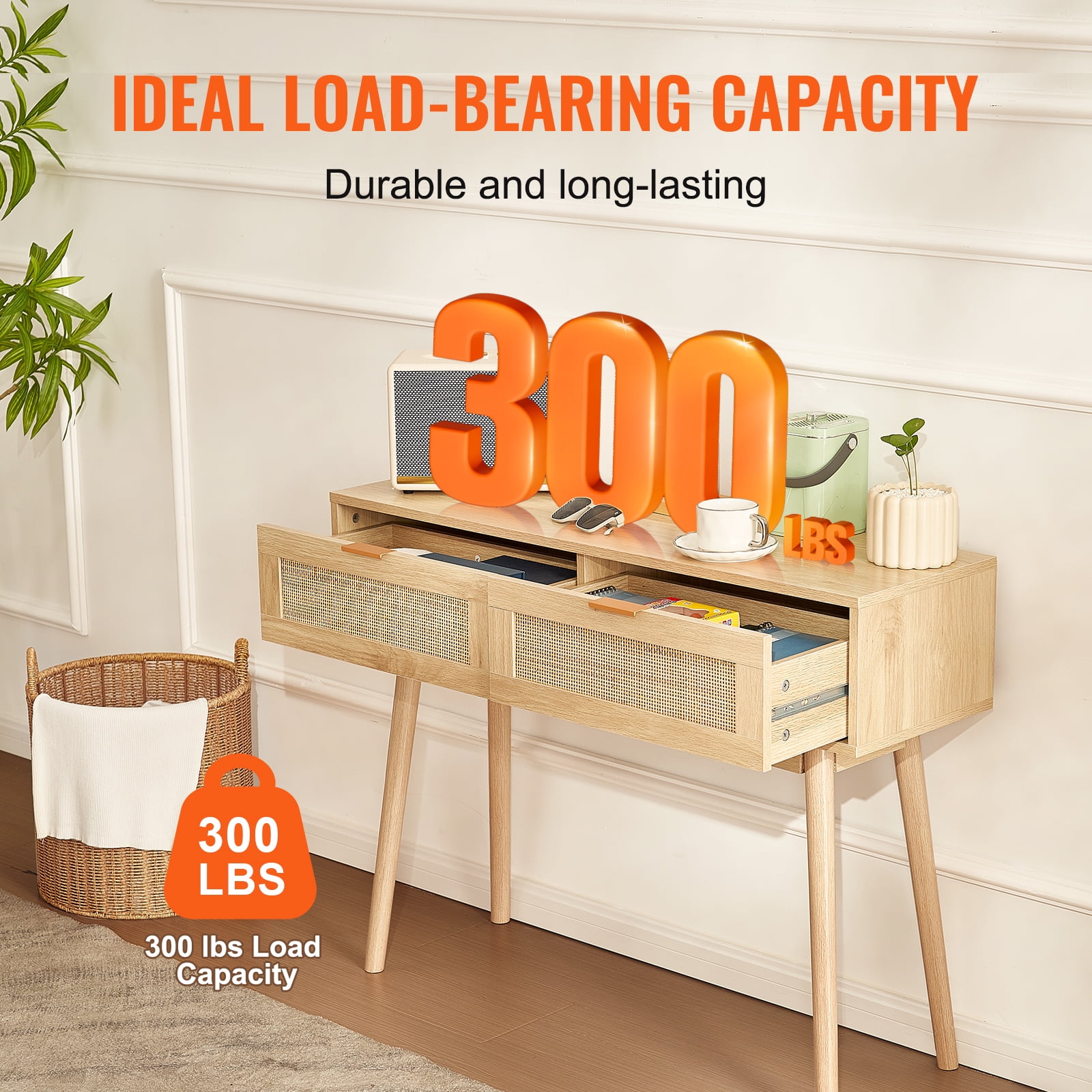 VEVOR Rattan Console Table with 2 Storage Drawers, Rattan Entryway Table with Natural Rattan Sliding Door, Console Sofa Table for Living Room, Study, Entryway Or TV Wall, Natural