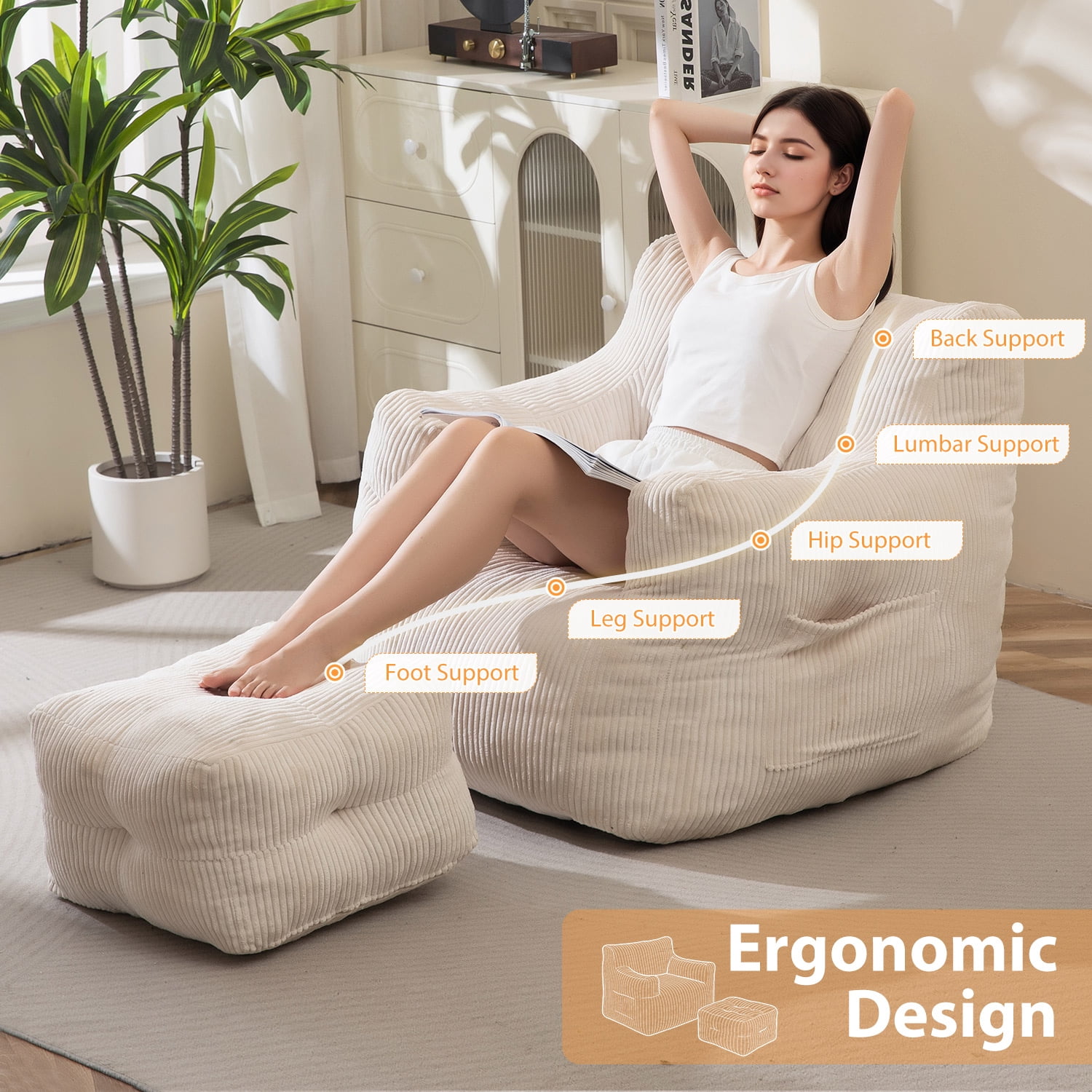 GOODONE Giant Bean Bag Chairs for Adults With Ottoman,Big Comfy