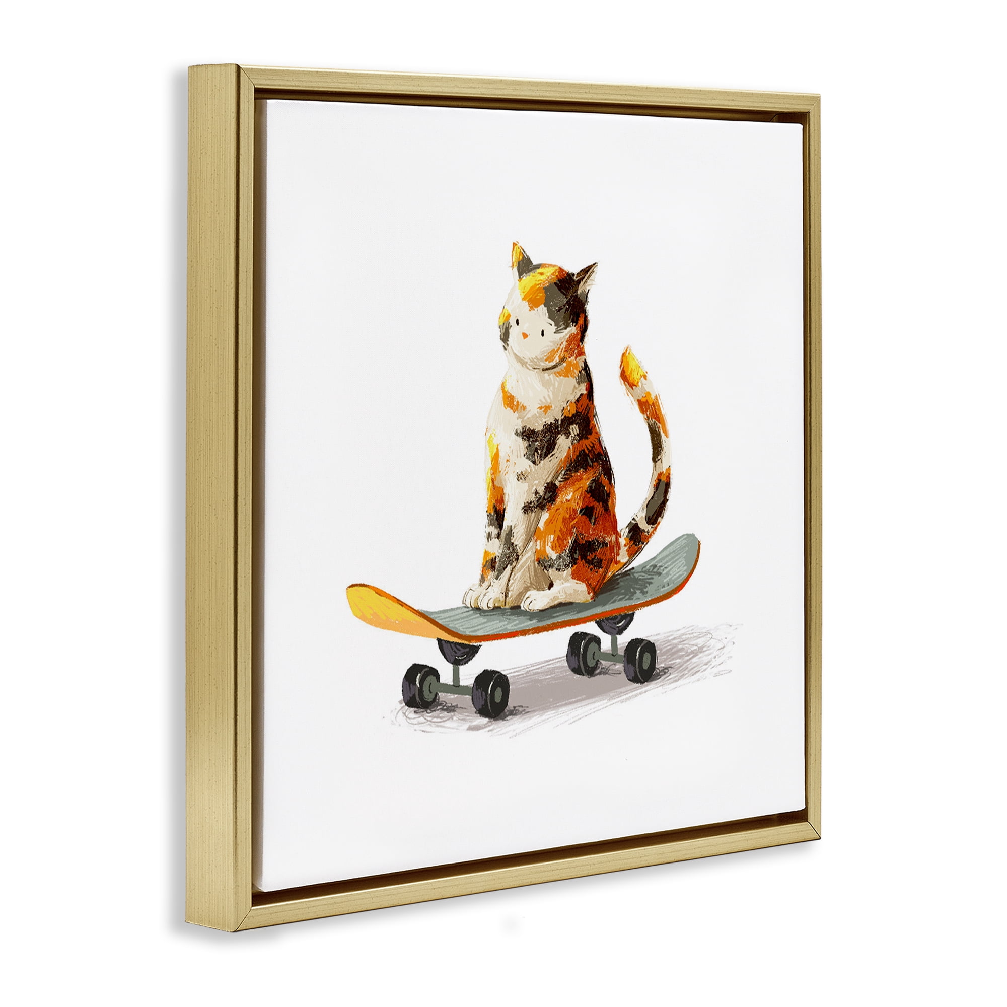 Stupell Industries Calico Cat on Skateboard Gold Framed Floater Canvas Wall Art, design by Ziwei Li