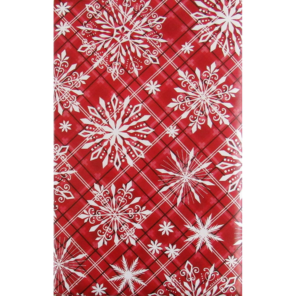 Snowflakes on Plaid Vinyl Flannel Back Tablecloth (Red, 52' x 90' Oblong)