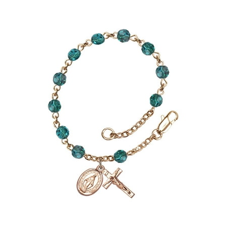 Square Swarovski Rosary Bracelet - 14kt Yellow Gold Filled Rosary Bracelet 5mm December Blue Swarovski beads Crucifix sz 5/8 x 1/4.