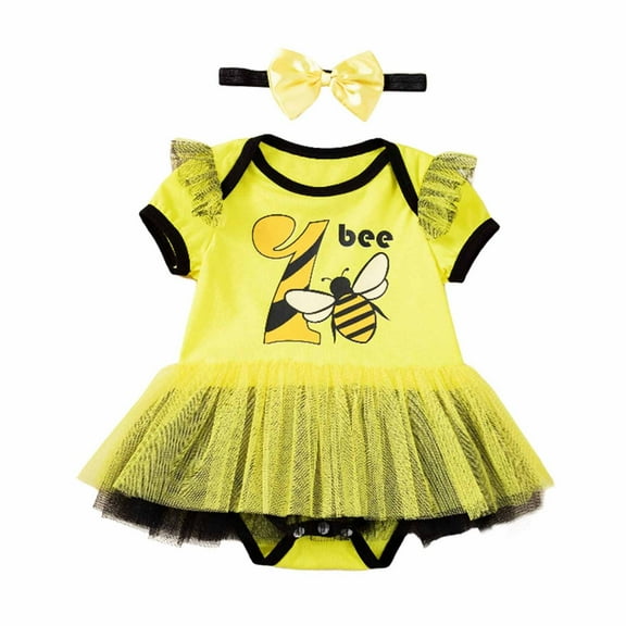 MIXUE Baby Girls Rompers Summer Cartoon bee Print Princess Headband 2 Piece Set Bodysuits Holiday Wear,Yellow,9-12 Months