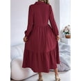 thumbnail image 6 of Womens Casual 3/4 Sleeve Shirt Dress Button Down V Neck Tiered Collared Flowy Maxi Dress Wine Red M, 6 of 7