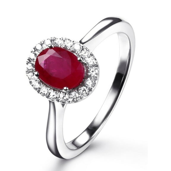 Classic 1.50 Carat Red Ruby 8x6mm Oval Cut And Moissanite Diamond Halo Engagement Ring in 10k White Gold for Women