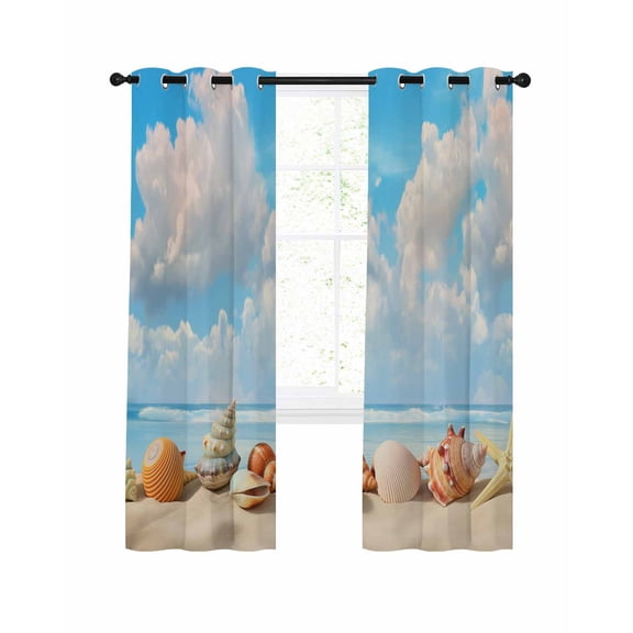 Coastal Blackout Curtains 72 Inches Long for Bedroom, Summer Beach Shell Conch Starfish Blue Nautical Thermal Insulated Room Darkening Black Out Window Curtain Panels Grommet Drapes for Living Room