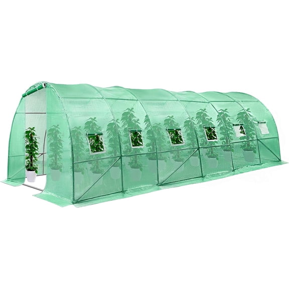 VIVOSUN 20x10x7 Ft. Large Walk in Greenhouse, Greenhouse Tunnel, Garden Plant Hot House with Green PE Cover, Roll-up Zipper Door and Window for Outdoor