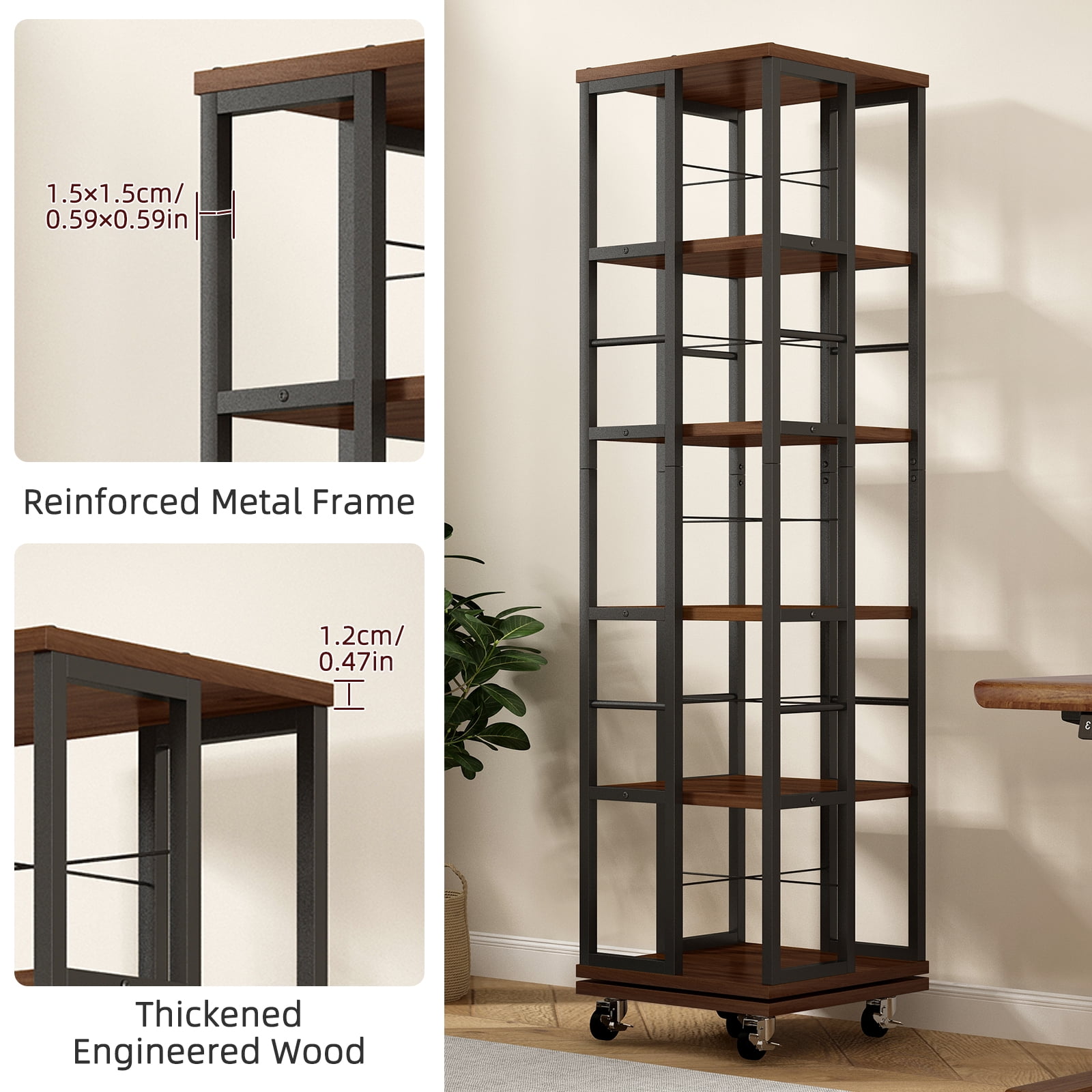 Display Shelves 5 Tiers Rotating Bookshelf, Corner Bookcase, 360 Display Wood Spinning Bookshelves, Floor Standing Bookcase Narrow Shelf, Rustic Brown,Wooden Display Shelves