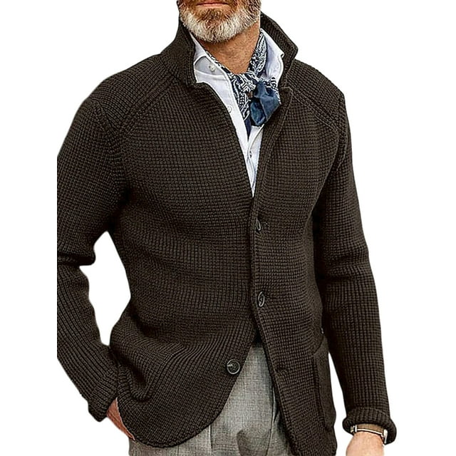 xiaxaixu Men Sweaters Long Sleeve Cardigan Solid Color Stand Collar Button Down Sweaters Fall Winter Knitted Coats with Pockets