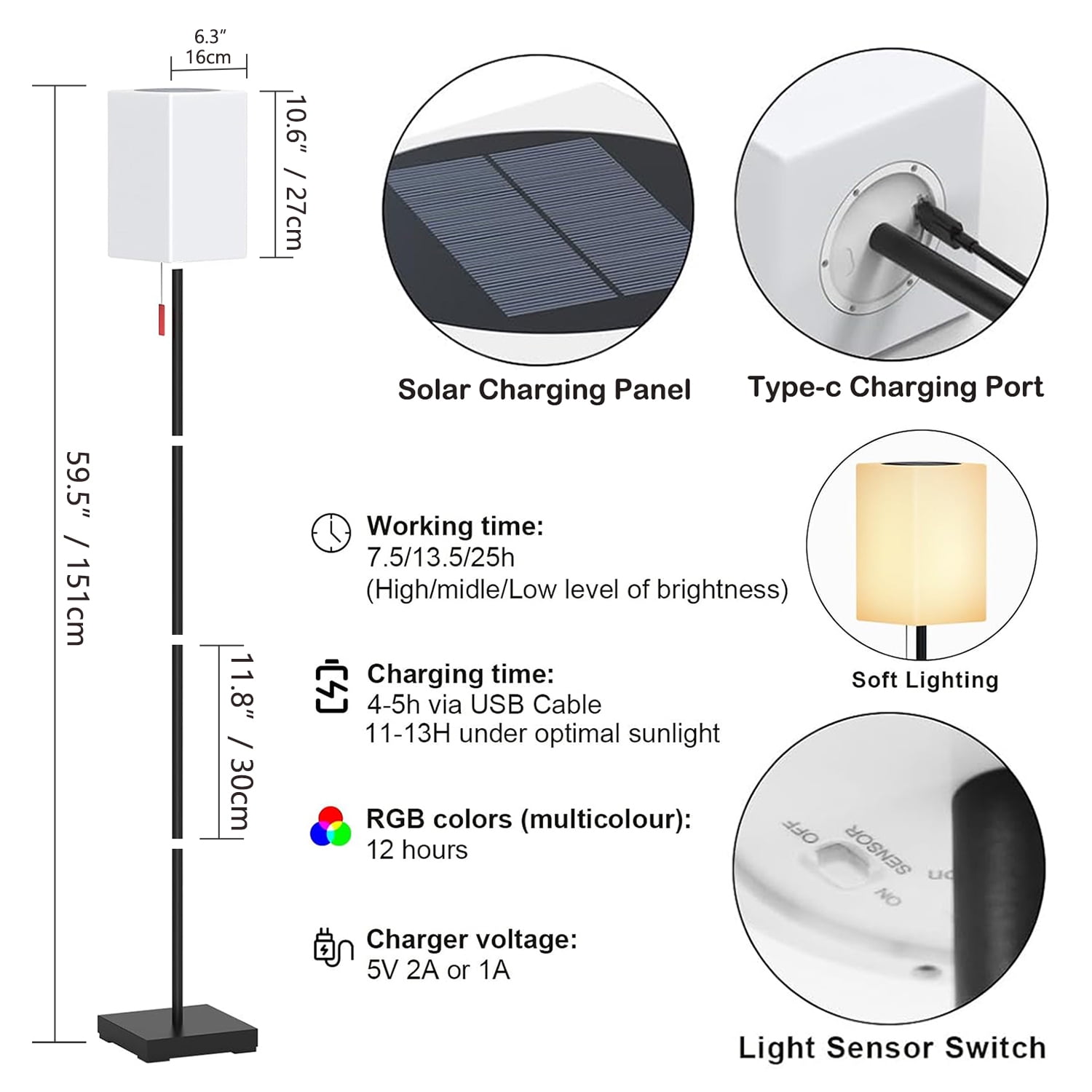 Postlucky 59" Solar LED Floor Lamp Dimmable with Remote Control, RGB Color, USB Charging, Cuboid Shade
