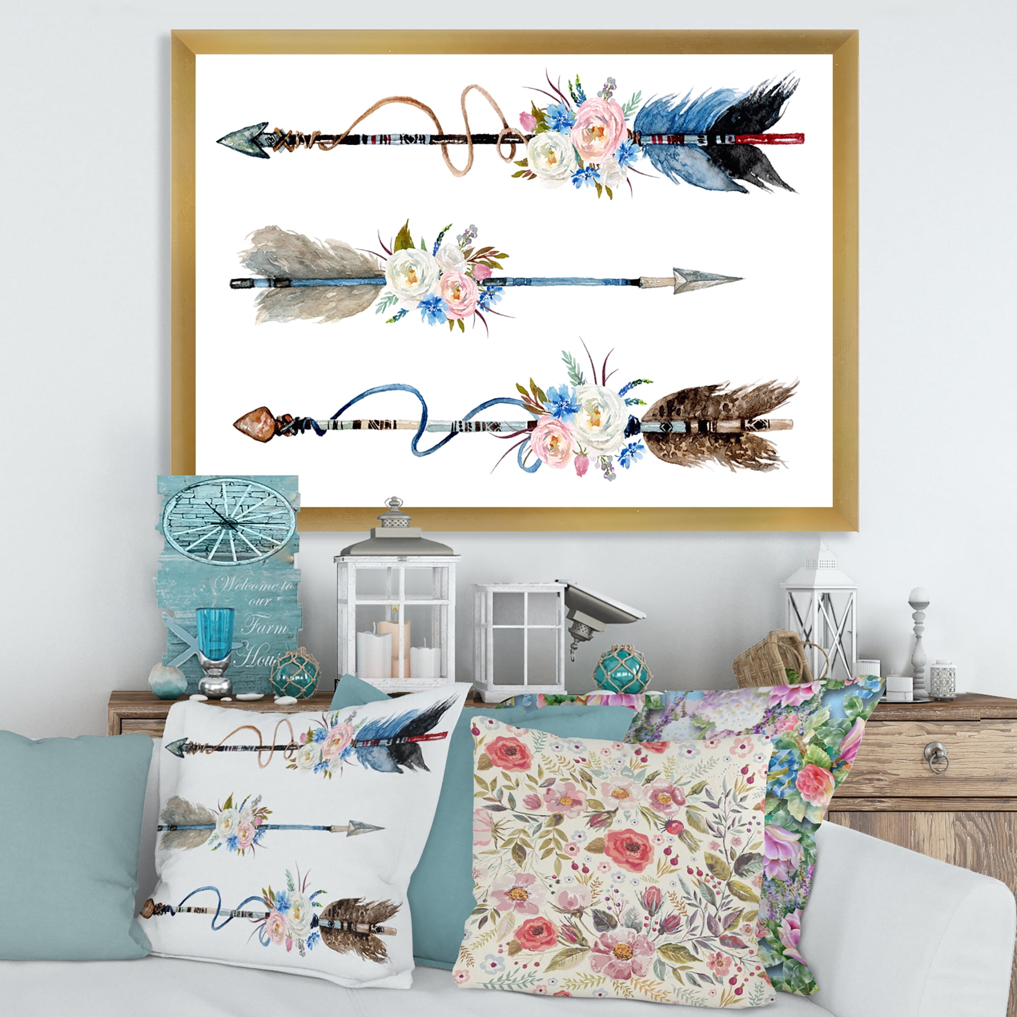 Designart 'Flowers and Ethnic Feathers On Native Arrows I' Bohemian & Eclectic Framed Art Print