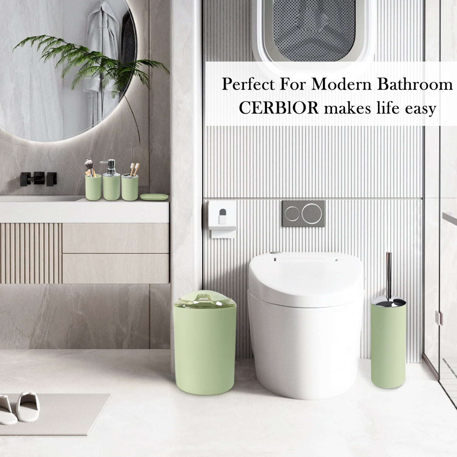 CERBIOR 6-Pieces Plastic Soap Dispenser Toothbrush Holder, Avocado Green