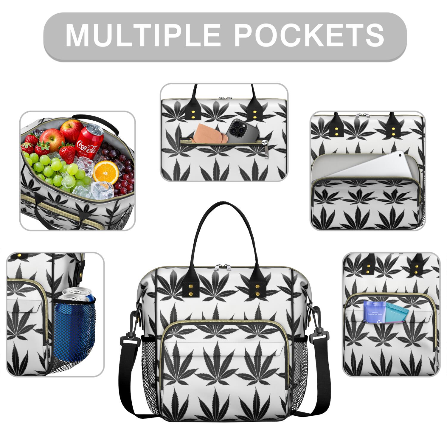 Neon Marijuana Leaf Glow in The Dark Lunch Bag - Large Leakproof Cooler Tote for Office Workers & Students - Multi-Compartment Food Storage Bag