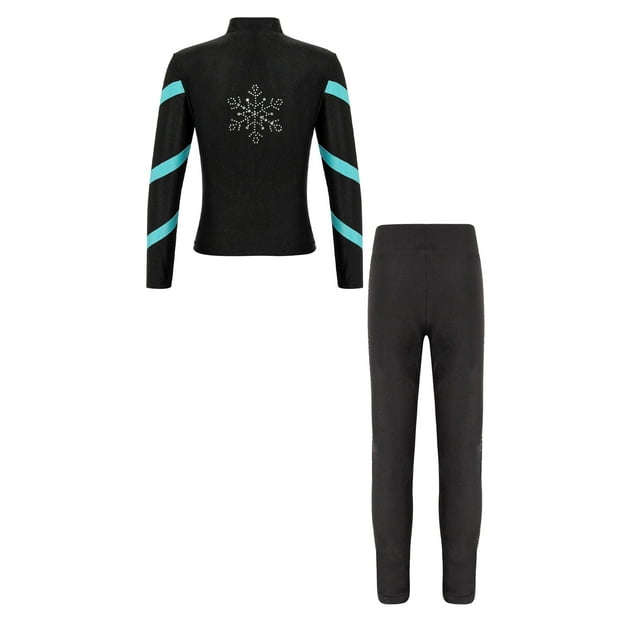 Sxiwei Kids Girls Rhinestones Ice Skating Clothes Set Figure Skating Pants with Jacket 2 Pcs Athletic Sports Outfits Cyan 16