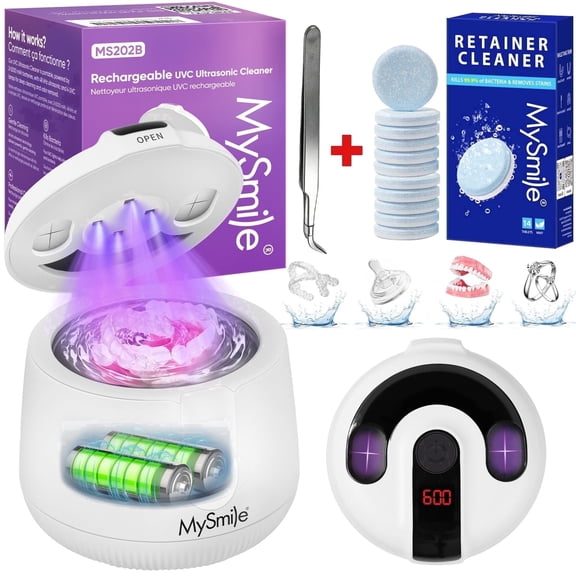 MySmile 48kHz Rechargeable Ultrasonic Retainer Cleaner UVC Sterilizer Machine Dental Cleaning Pod for Denture Cleanser, Invisalign Aligner, Braces, Mouth Guard,Jewelry, 4 Modes, White