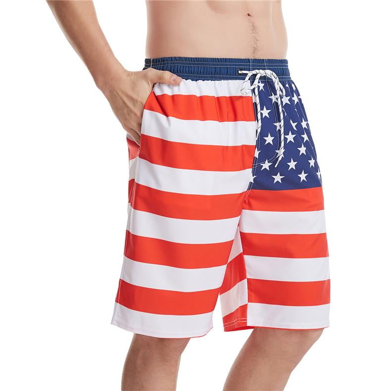 American Flag On Skull Mens Swim Trunks Casual Drawstring Board Shorts 