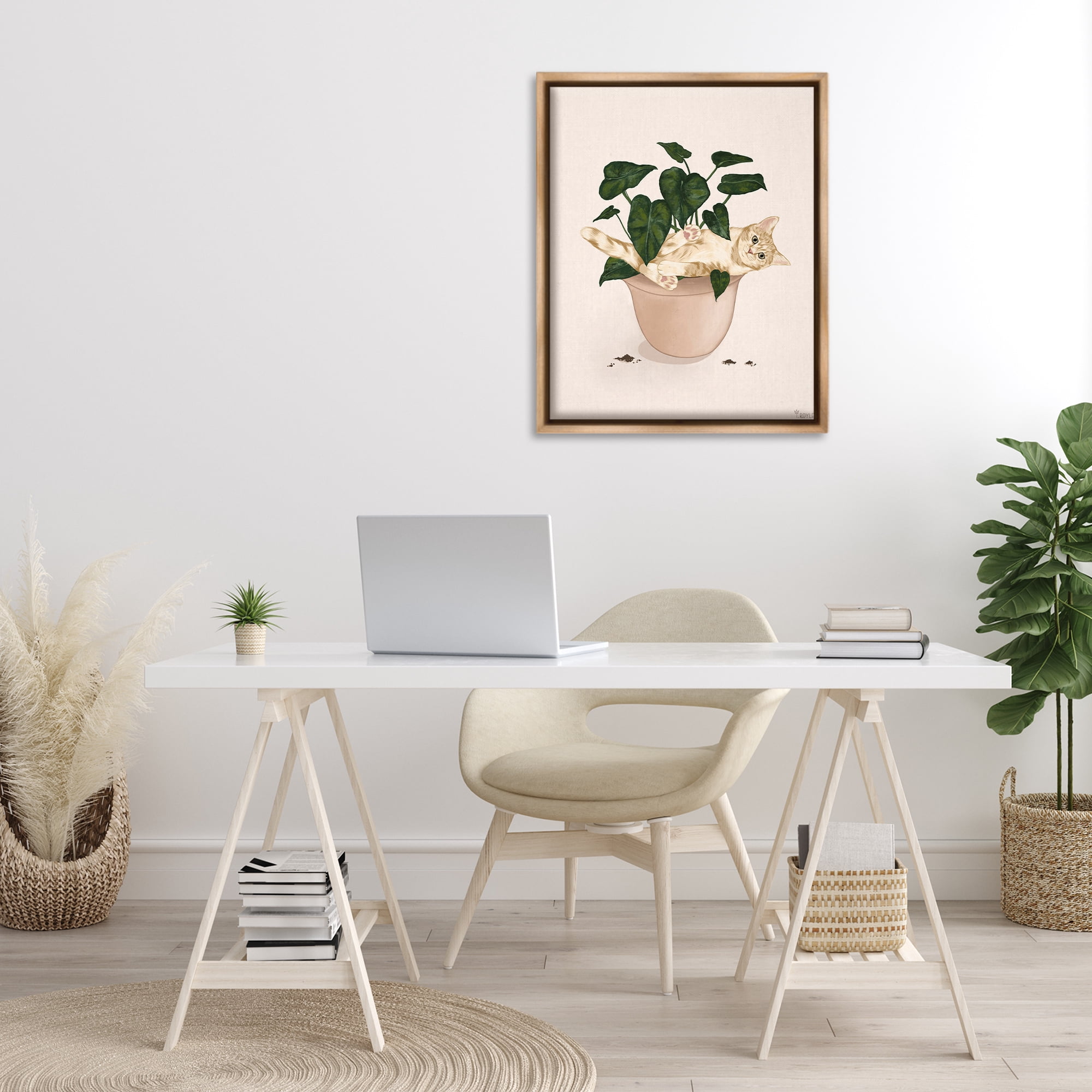 Stupell Industries Funny Cat in House Plant Animals & Insects Painting Brown Floater Framed Canvas Art Print Wall Art, 25 x 31