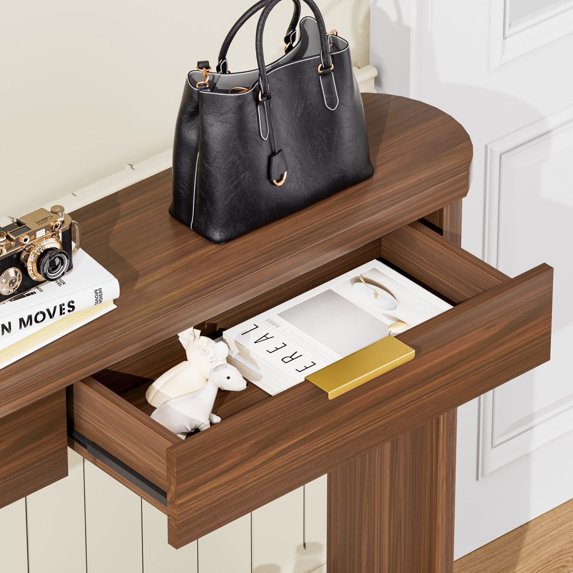 Aukfa 70.1" Modern Wooden Console Table with Drawers & Shelves, Slim Sofa Side Table for Entryway & Hallway,Walnut