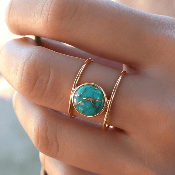 14K Gold Plated Statement Ring for Women Simulated Blue Turquoise Boho Simple Minimalist Jewelry 925 Silver Plated Gem Women's Ring Bohemian Jewelry Handmade Simple Ring Gold-8#