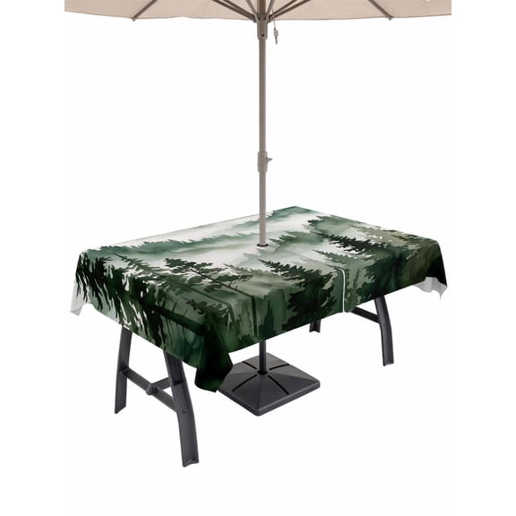 Outdoor Tablecloth with Umbrella Hole for Patio/Picnic/Party/Camping, Dark Green Forest Waterproof Table Cloth Rectangle Table Cover Washable, Watercolor Clouds Trees Mountain (60"x 120")