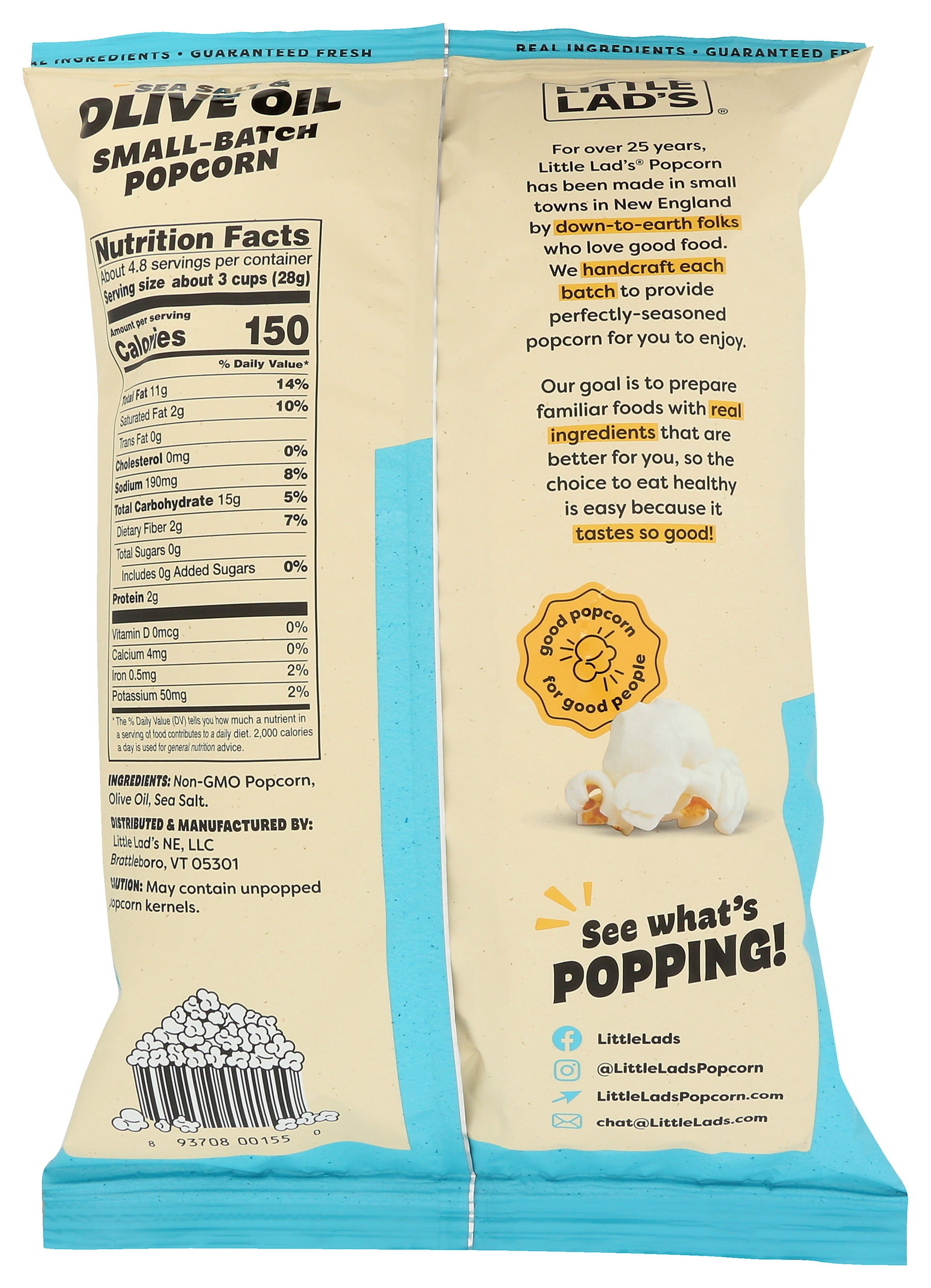 Pack of 6, Little Lads Sea Salt & Olive Oil Popcorn, 4.8 oz